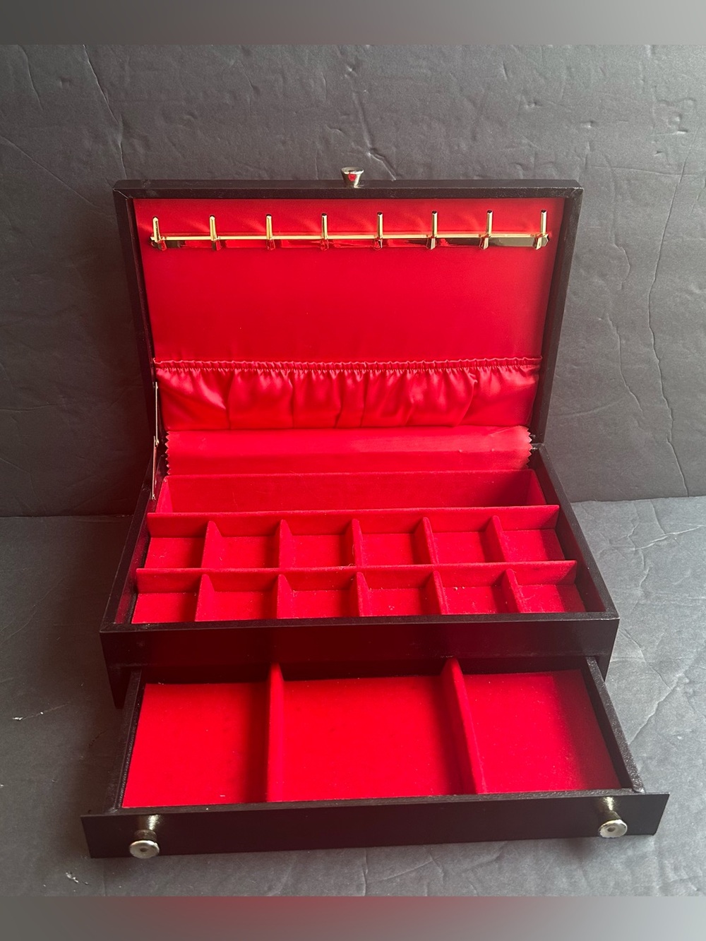 Vintage Mele Black Jewelry Box With Red Satin/Velvet Lining. Gold Hooks, 2-Tier.